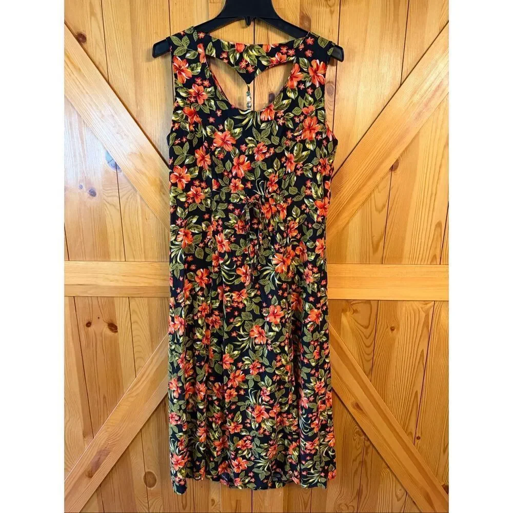 Vintage Erika Black Floral Button Front Sleeveless Midi Dress Size Large (7146)